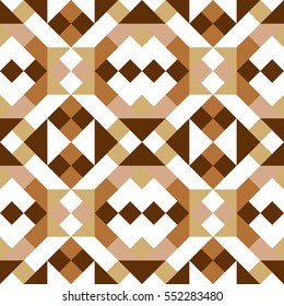 Abstract seamless pattern for design in brown and white colors. Vector geometric background of triangles and squares. Texture for textile, clown, carpeting, warp, clothes