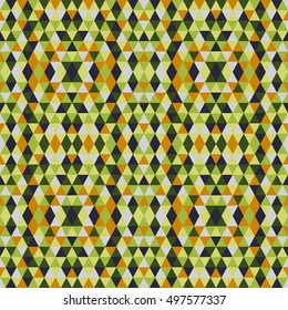 Abstract seamless pattern for design in green and orange colors. Vector geometric background of triangles and squares. Texture for wallpaper, textile, clown, carpeting, warp, book cover, clothes