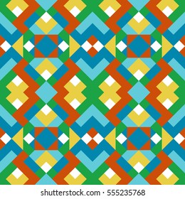 Abstract seamless pattern for design in green, blue, yellow and red colors. Vector geometric background of triangles and squares. Texture for textile, clown, carpeting, warp, clothes