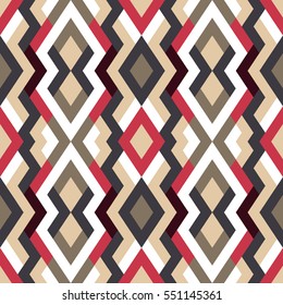 Abstract seamless pattern for design in grey, red and beige colors. Vector geometric background of triangles and squares. Texture for textile, clown, carpeting, warp, book cover, clothes