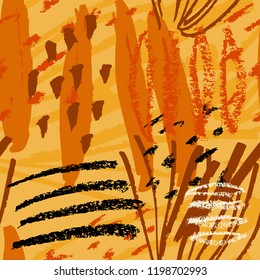 Abstract seamless pattern design with hand drawn shapes and textures in orange, yellow and brown on light cream background. Wall art, greeting card, packaging design, gift wrap.