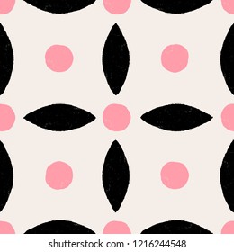 Abstract seamless pattern design with hand drawn round shapes in pink and black on light cream background. Wall art, greeting card, packaging design, wrapping paper.