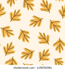 Abstract seamless pattern design with leaf shapes in yellow and brown on light cream background. Wall art, greeting card, packaging design, gift wrap.