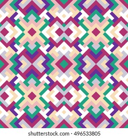 Abstract seamless pattern for design in pink, grey and green colors. Vector geometric background of triangles and squares. Texture for textile, clown, carpeting, warp, book cover, clothes