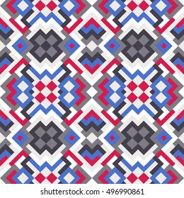 Abstract seamless pattern for design in red and blue colors. Vector geometric background of triangles and squares. Texture for textile, clown, carpeting, warp, book cover, clothes