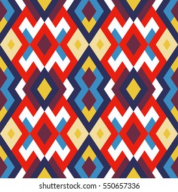 Abstract seamless pattern for design in red, yellow and blue colors. Vector geometric background of triangles and squares. Texture for textile, clown, carpeting, warp, book cover, clothes