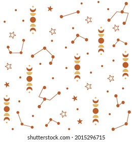Abstract seamless pattern design with stars and moon phases. Vector illustration. 