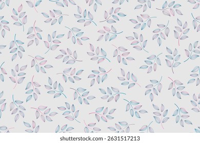 Abstract seamless pattern design of stylized leaves in pink and blue hues outlines on a soft gray background, can be used for background, textiles, wrapping paper and other decorative purposes.