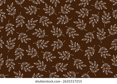 Abstract seamless pattern design of stylized leaves in beige outlines on dark brown background, can be used for background, textiles, wrapping paper and other decorative purposes.