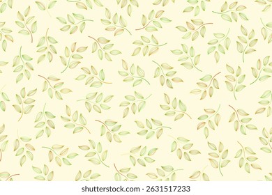 Abstract seamless pattern design of stylized leaves in green, orange and yellow outlines on a soft yellow background, used for background, textiles, wrapping paper and other decorative purposes.
