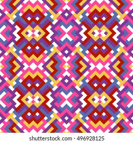 Abstract seamless pattern for design. Vector geometric background of triangles and squares in yellow, red, pink and blue colors. Texture for textile, clown, carpeting, warp, book cover, clothes 