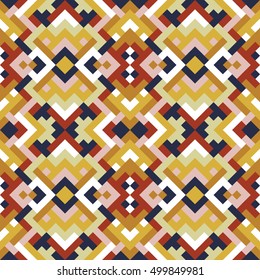 Abstract seamless pattern for design. Vector geometric background of triangles and squares. Endless texture in orange, red and green colors