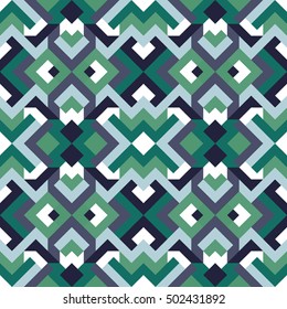 Abstract seamless pattern for design. Vector geometric background of triangles and squares in green and blue colors. Endless texture for textile, clown, carpeting, warp, book cover, clothes