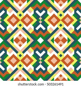 Abstract seamless pattern for design. Vector geometric background of triangles in yellow, pink and yellow colors. Mosaic texture for textile, clown, carpeting, warp, book cover, clothes