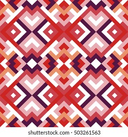 Abstract seamless pattern for design. Vector geometric background of triangles in red and pink colors. Mosaic texture for textile, clown, carpeting, warp, book cover, clothes