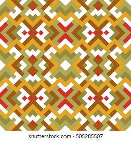Abstract seamless pattern for design. Vector geometric background of triangles in yellow, red and green colors. Mosaic texture for textile, clown, carpeting, warp, book cover, clothes