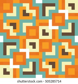 Abstract seamless pattern for design. Vector geometric background of triangles in yellow, blue and orange colors. Mosaic texture for textile, clown, carpeting, warp, book cover, clothes