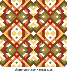 Abstract seamless pattern for design. Vector geometric background of triangles in red, brown, yellow and white colors. Texture for textile, clown, carpeting, warp, book cover, clothes