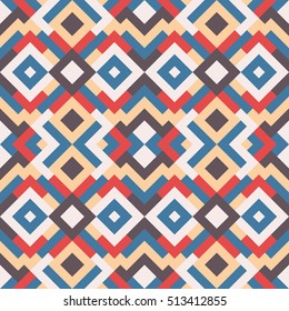 Abstract seamless pattern for design. Vector geometric background of triangles in red, blue and grey colors. Mosaic texture for textile, clown, carpeting, warp, book cover, clothes