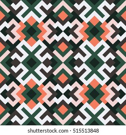 Abstract seamless pattern for design. Vector geometric background of triangles in green, taupe and red colors. Mosaic texture for textile, clown, carpeting, warp, book cover, clothes