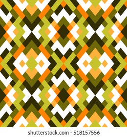 Abstract seamless pattern for design. Vector geometric background of triangles in white, orange and green colors. Mosaic texture 