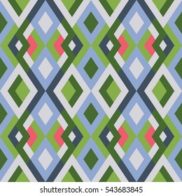 Abstract seamless pattern for design. Vector geometric background of triangles. Mosaic endless texture in blue, grey, pink and greenery colors