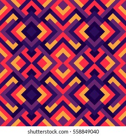Abstract seamless pattern for design in violet, yellow and pink colors. Vector geometric background of triangles. Texture for textile, clown, carpeting, warp, clothes