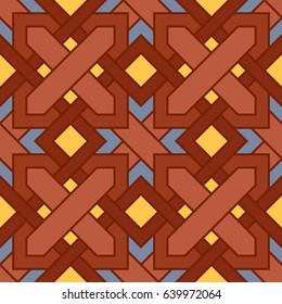 Abstract seamless pattern for design in warm brown colors with yellow and blue decorative elements. Vector geometric background. Texture for carpeting, book cover, wrapping paper