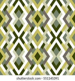 Abstract seamless pattern for design in white and pistachio colors. Vector geometric background of triangles and squares. Texture for textile, clown, carpeting, warp, book cover, clothes