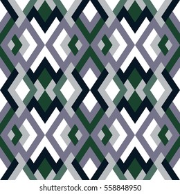 Abstract seamless pattern for design in white, grey, blue and dark green colors. Vector geometric background of triangles. Texture for textile, clown, carpeting, warp, clothes