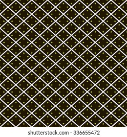 Abstract seamless pattern of diagonal cells with droplets in corners. Beautiful contrasting background in black, white and green colors. Vector illustration