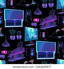 Abstract seamless pattern of different attributes of a teenage gamer night room. Vector repeated geometric design