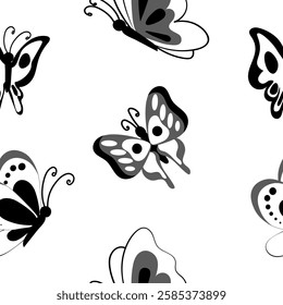 Abstract seamless pattern of different butterflies outlines on white background for decor design. Design element close-up black butterfly.