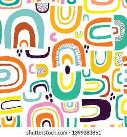 Abstract seamless pattern with different colorful shapes, cut out paper design