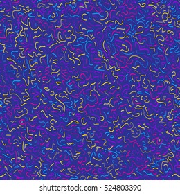 Abstract seamless pattern with different colorful squiggles on dark blue background. Vector illustration for your graphic design.