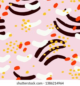 Abstract seamless pattern with Different curved Ink Shapes. Vector multicolored background with Ink Brush Strokes. - Vector