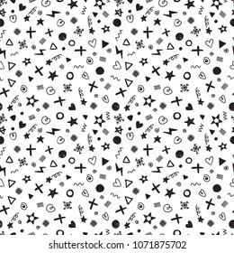 Abstract seamless pattern with different design elements. Birthday party. Trendy hand drawn background. Modern stylish texture. Vector illustration