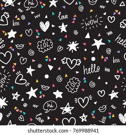 Abstract seamless pattern with different design elements. Modern stylish texture. Geometric colorful shapes. Trendy hand drawn background. Vector illustration