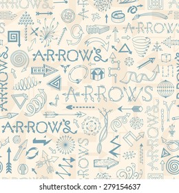 Abstract seamless pattern with different doodle arrows like spiral, wave, zigzag, swirl and lettering on beige background 