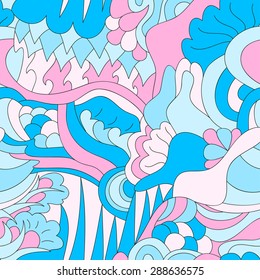 Abstract seamless pattern with different fantastic shapes in blue and pink colors. Vector illustration in pastel colors.
