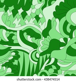 Abstract seamless pattern with different fantastic shapes. Vector illustration in green colors.