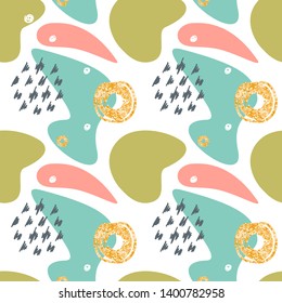 Abstract seamless pattern with different forms and colors on white background. Soft, colorful and bright vector illustration. Funny modern geometry background