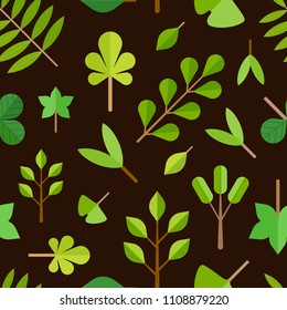 Abstract seamless pattern with different Green Leaves. Vector botanical texture in Flat Design style.