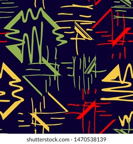 Abstract seamless pattern of different lines. Striped background from uneven motley lines and squares, hand drawing. For textiles, packaging, fabric, wallpaper