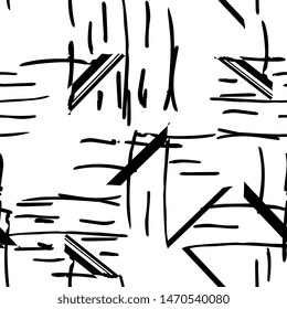 Abstract seamless pattern of different lines. Striped background from uneven motley lines and squares, hand drawing.monochrome pattern. For textiles, packaging, fabric, wallpaper