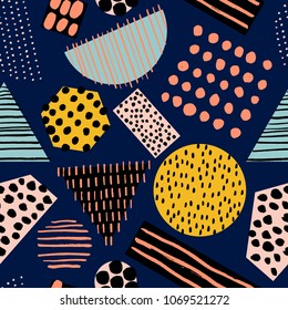 Abstract seamless pattern with different shapes and textures. Fun geometry background. Multicolored texture with geometrical elements and hand drawn ink.