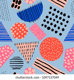 Abstract seamless pattern with different shapes and textures. Fun geometry background. Multicolored texture with geometrical elements and hand drawn ink.