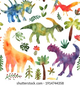 Abstract seamless pattern with dinosaur for fabric design. Watercolour drawing. Animal hand drawn background with floral elements. Fabric wallpaper print texture. Cute dino design. Vector