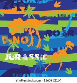 Abstract seamless pattern with dinosaurs, words, palm trees. For textiles, fabrics, clothes, bedding, children, web, wrapping paper.