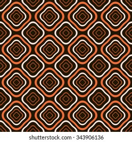 Abstract seamless pattern of distorted diamond shaped geometric elements with rounded corners one inside the others in orange, light beige and black colors. Vector illustration